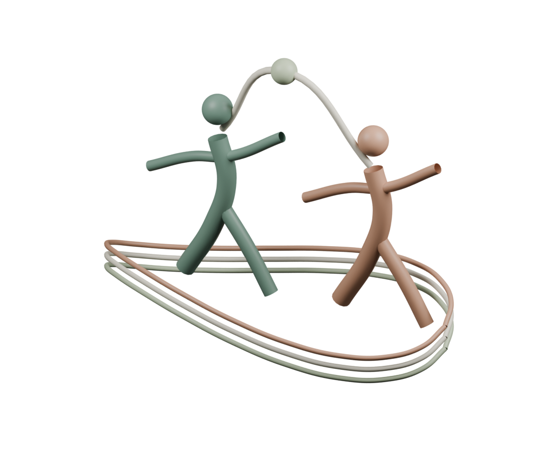 Dos figuras tridimensionales compartiendo un espacio circular abierto al encuentro